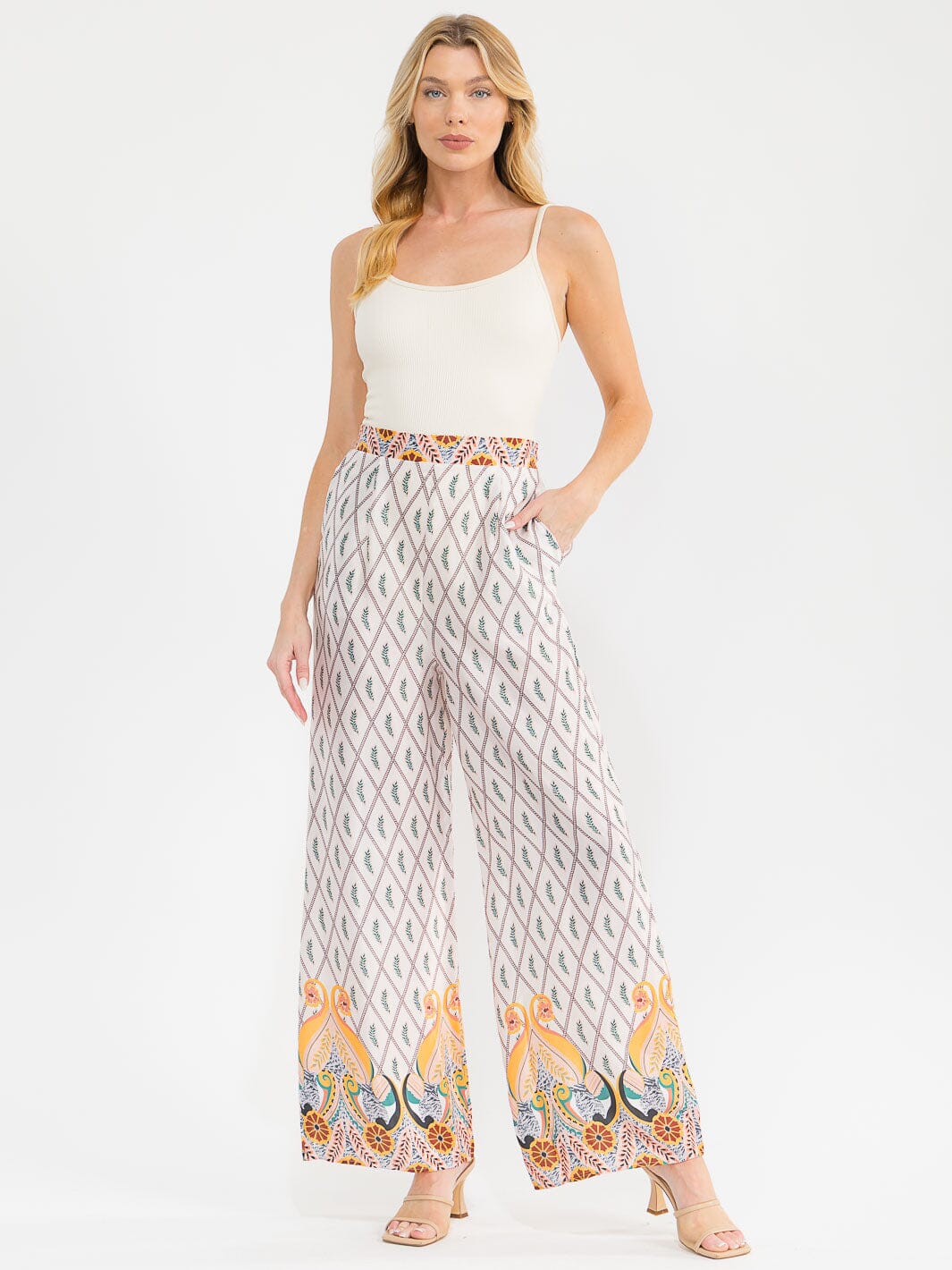 WOMEN'S ELASTIC WAIST FRONT POCKETS MULTI PRINT WIDE LEG LINEN PANTS