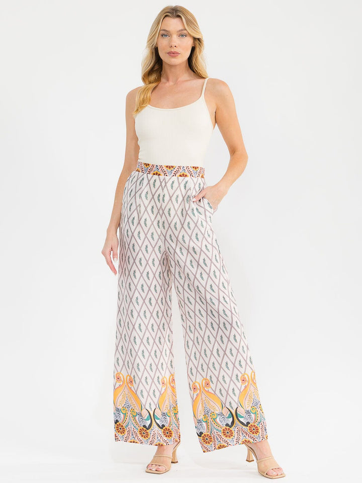 WOMEN'S ELASTIC WAIST FRONT POCKETS MULTI PRINT WIDE LEG LINEN PANTS