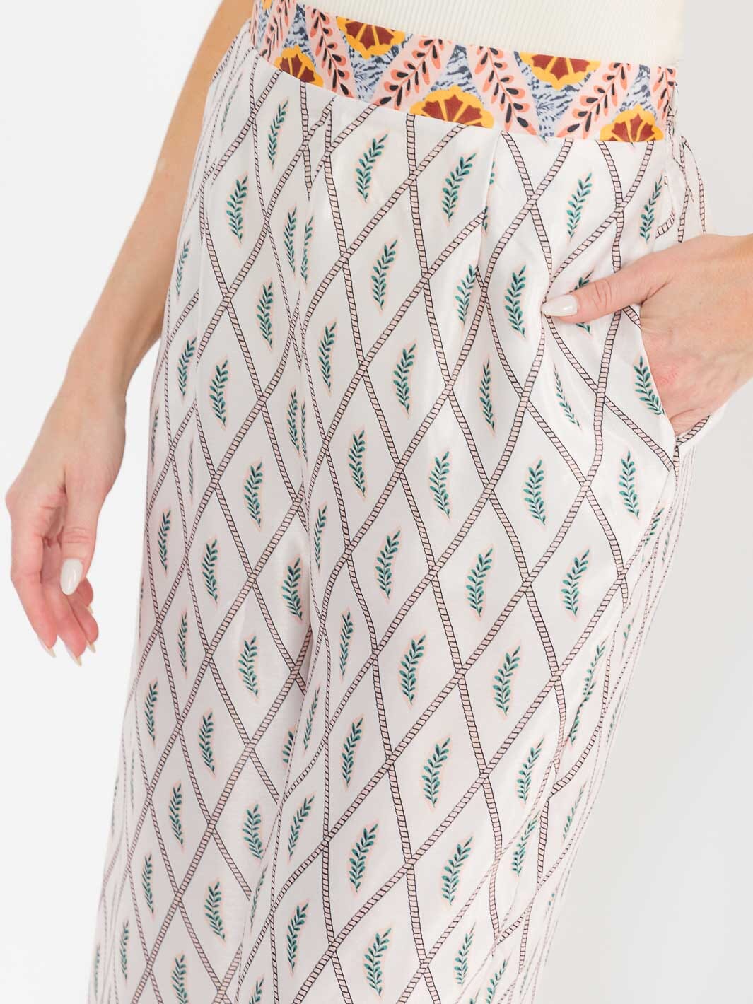 WOMEN'S ELASTIC WAIST FRONT POCKETS MULTI PRINT WIDE LEG LINEN PANTS