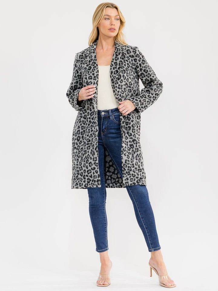 WOMEN'S LONG SLEEVE BUTTON CLOSURE FRONT POCKETS ANIMAL PRINT COAT