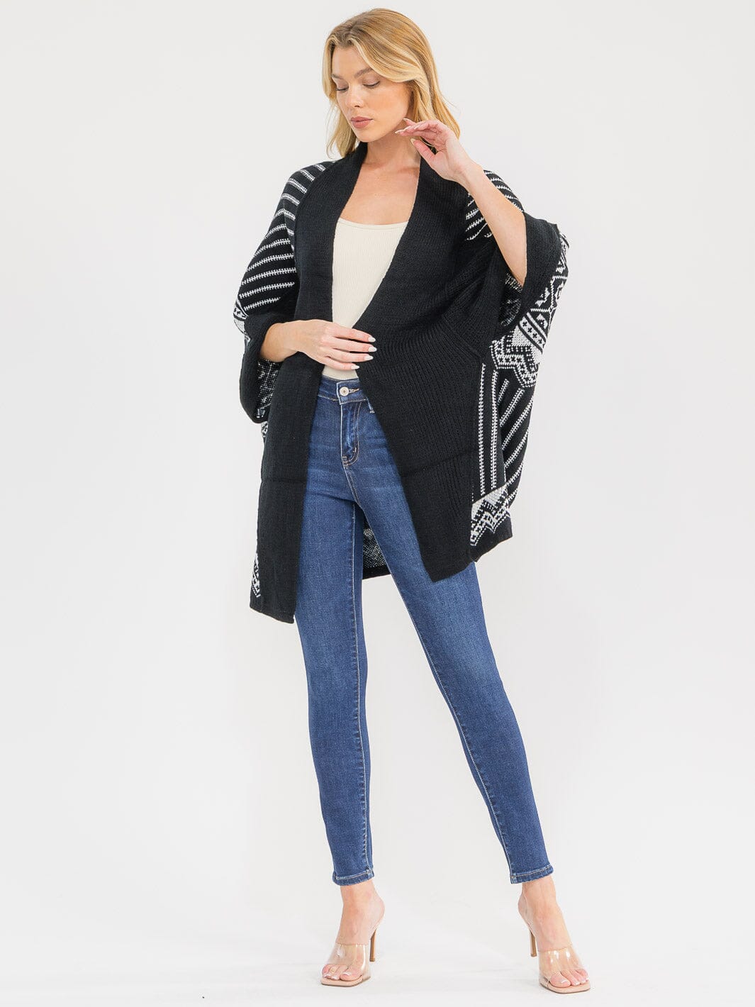 WOMEN'S SHORT SLEEVE OPEN FRONT COLORBLOCK KNIT CARDIGAN