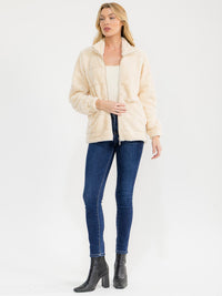 WOMEN'S LONG SLEEVE ZIPPER CLOSURE FRONT POCKETS FAUX FUR JACKET