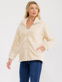 WOMEN'S LONG SLEEVE ZIPPER CLOSURE FRONT POCKETS FAUX FUR JACKET