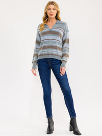 WOMEN'S LONG SLEEVE V-NECK STRIPES KNIT PULLOVER SWEATER