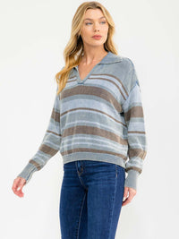 WOMEN'S LONG SLEEVE V-NECK STRIPES KNIT PULLOVER SWEATER