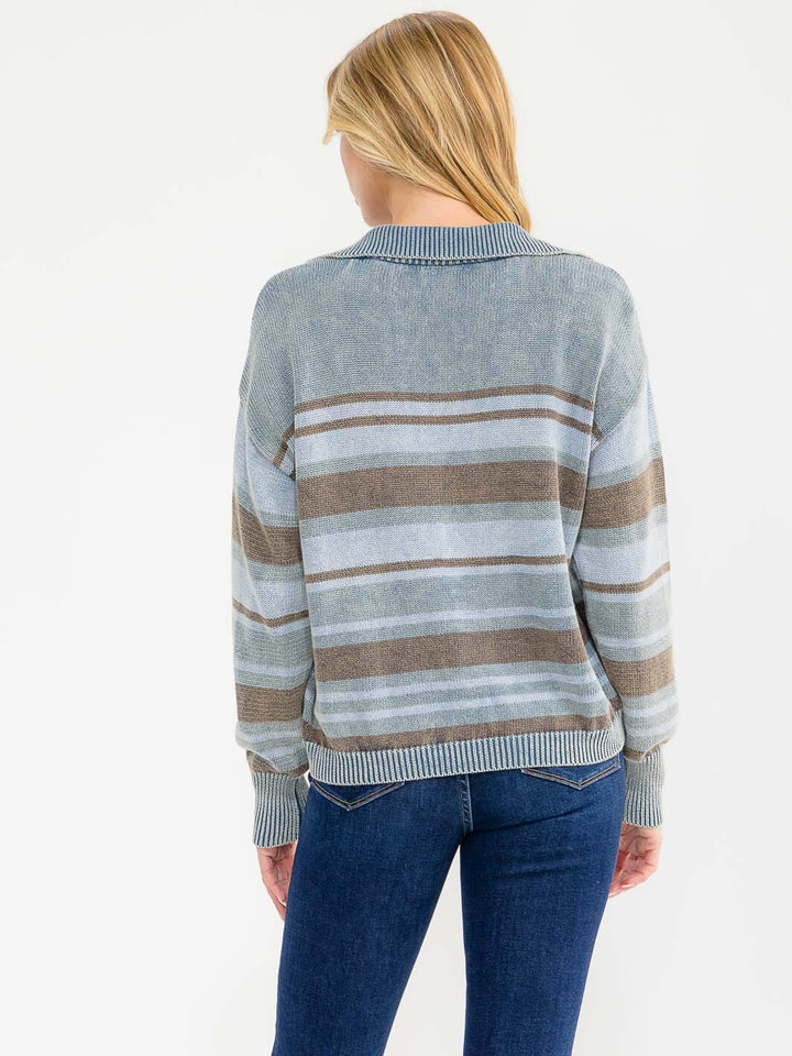 WOMEN'S LONG SLEEVE V-NECK STRIPES KNIT PULLOVER SWEATER