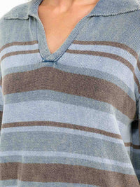 WOMEN'S LONG SLEEVE V-NECK STRIPES KNIT PULLOVER SWEATER