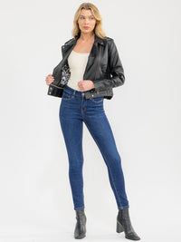 WOMEN'S LONG SLEEVE ZIPPER CLOSURE FRONT POCKETS PU PLEATHER JACKET