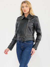 WOMEN'S LONG SLEEVE ZIPPER CLOSURE FRONT POCKETS PU PLEATHER JACKET