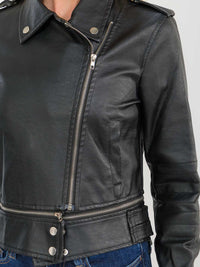 WOMEN'S LONG SLEEVE ZIPPER CLOSURE FRONT POCKETS PU PLEATHER JACKET