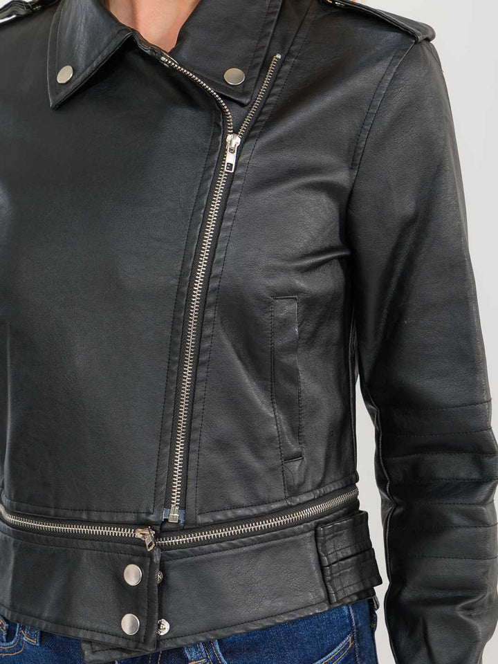 WOMEN'S LONG SLEEVE ZIPPER CLOSURE FRONT POCKETS PU PLEATHER JACKET