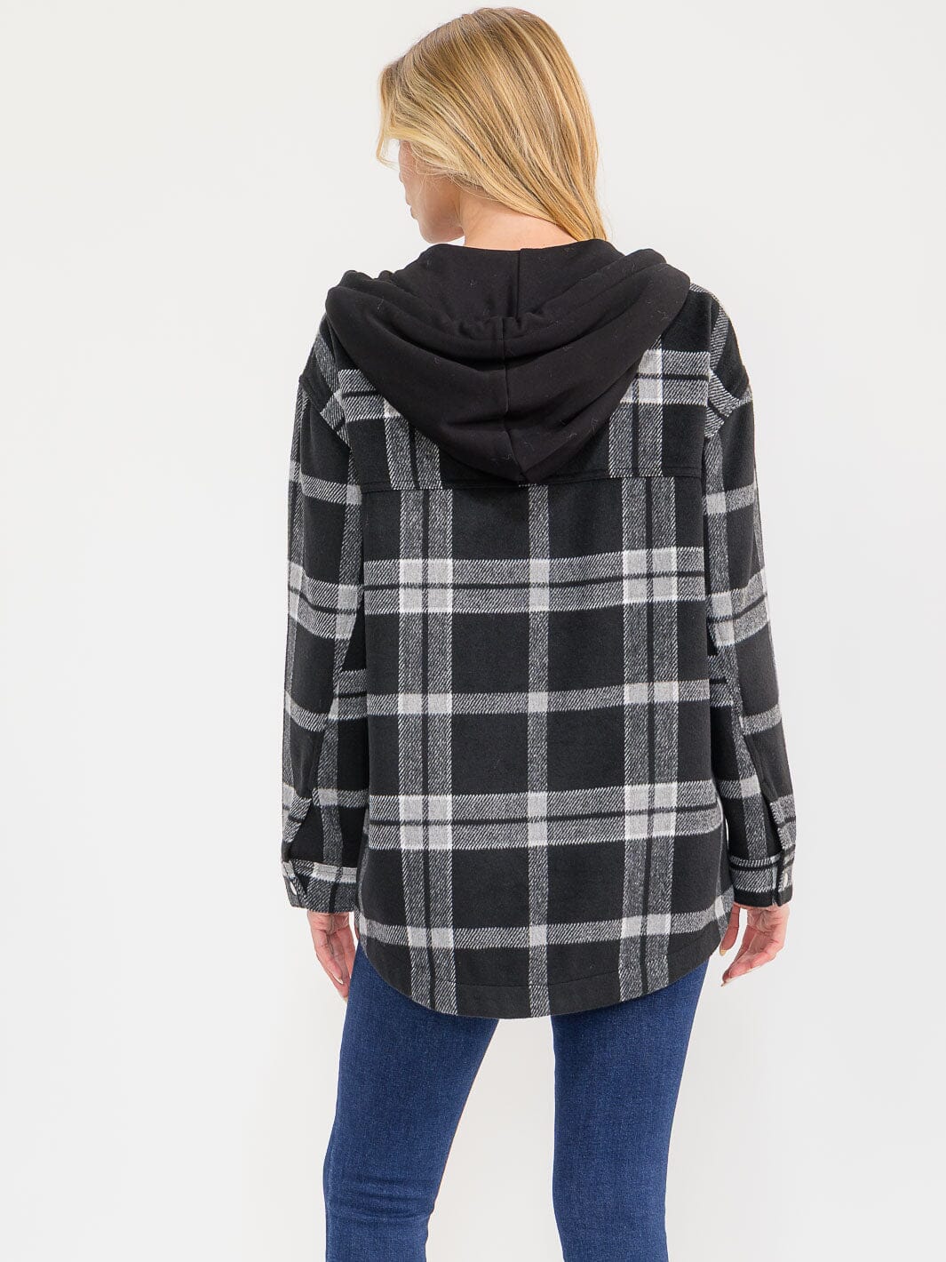 WOMEN'S LONG SLEEVE BUTTON CLOSURE FRONT POCKETS HOODED PLAID JACKET
