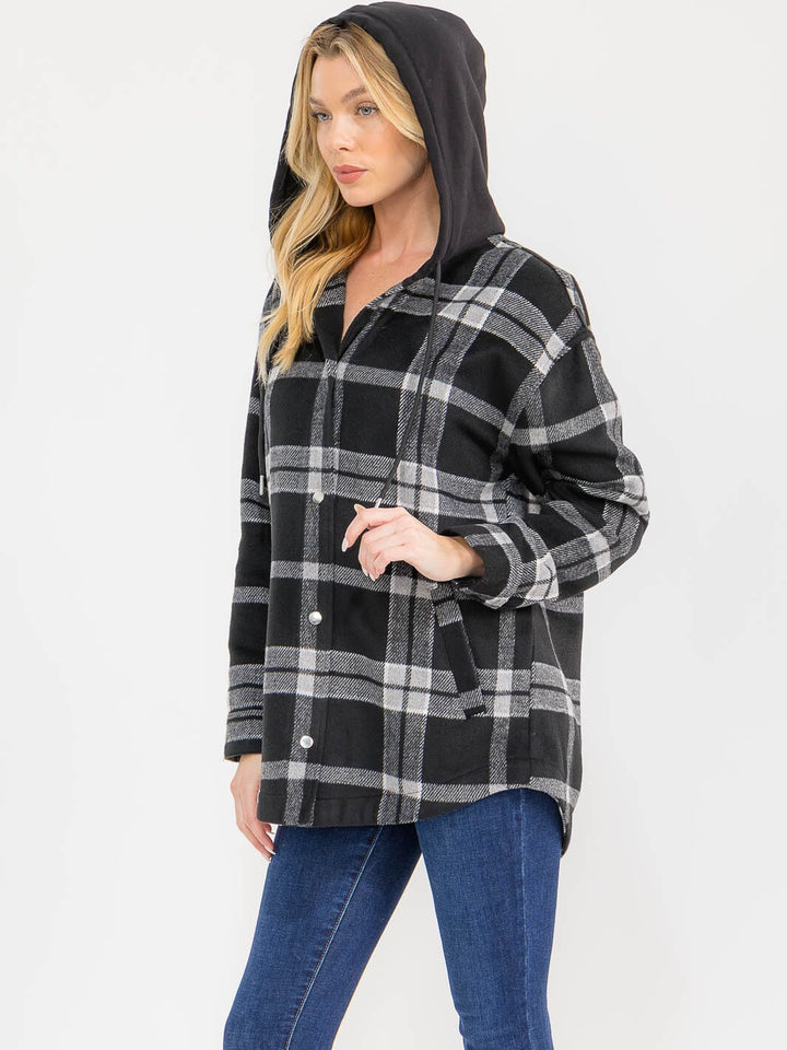 WOMEN'S LONG SLEEVE BUTTON CLOSURE FRONT POCKETS HOODED PLAID JACKET