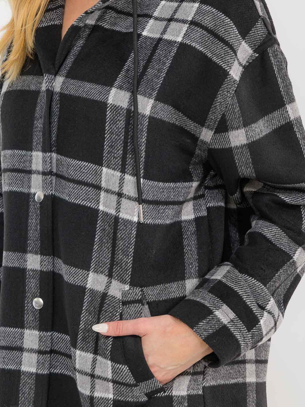 WOMEN'S LONG SLEEVE BUTTON CLOSURE FRONT POCKETS HOODED PLAID JACKET