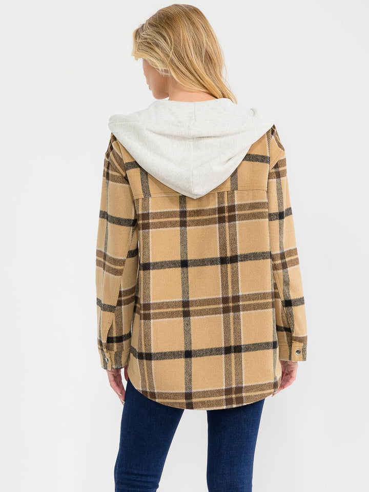 WOMEN'S LONG SLEEVE BUTTON CLOSURE FRONT POCKETS HOODED PLAID JACKET