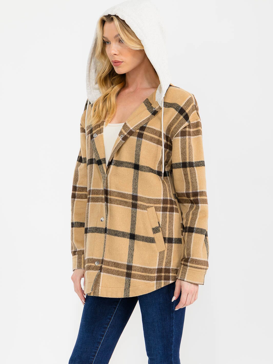 WOMEN'S LONG SLEEVE BUTTON CLOSURE FRONT POCKETS HOODED PLAID JACKET