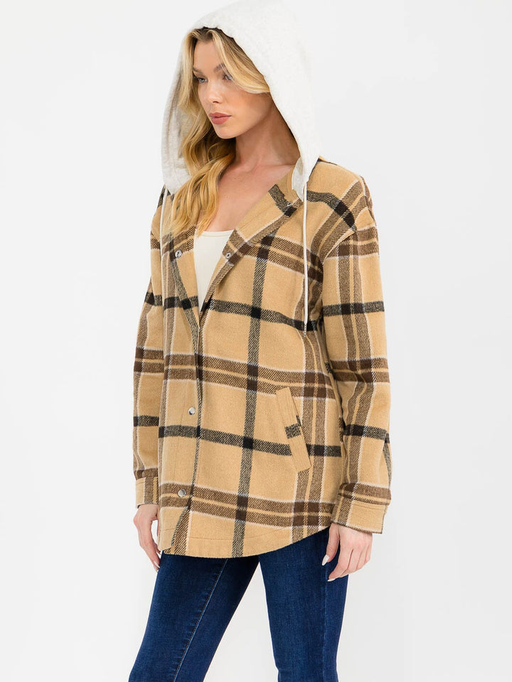 WOMEN'S LONG SLEEVE BUTTON CLOSURE FRONT POCKETS HOODED PLAID JACKET