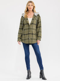 WOMEN'S LONG SLEEVE BUTTON CLOSURE FRONT POCKETS HOODED PLAID JACKET