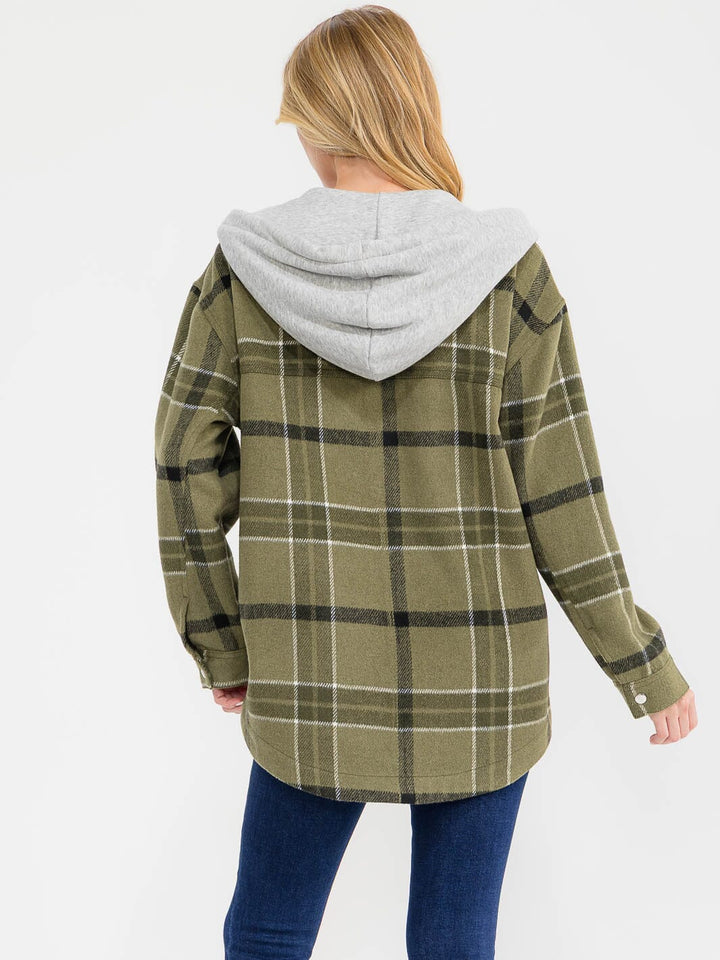 WOMEN'S LONG SLEEVE BUTTON CLOSURE FRONT POCKETS HOODED PLAID JACKET