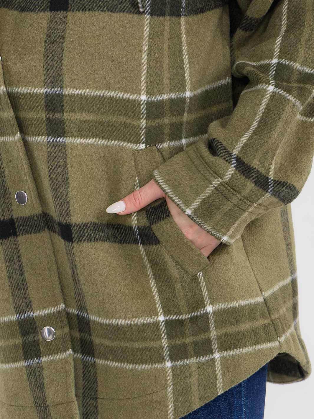 WOMEN'S LONG SLEEVE BUTTON CLOSURE FRONT POCKETS HOODED PLAID JACKET