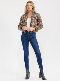 WOMEN'S LONG SLEEVE ZIPPER CLOSURE FRONT POCKETS ANIMAL PRINT PUFFER JACKET