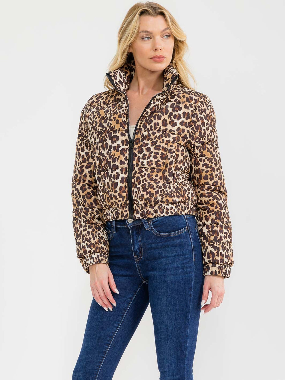 WOMEN'S LONG SLEEVE ZIPPER CLOSURE FRONT POCKETS ANIMAL PRINT PUFFER JACKET
