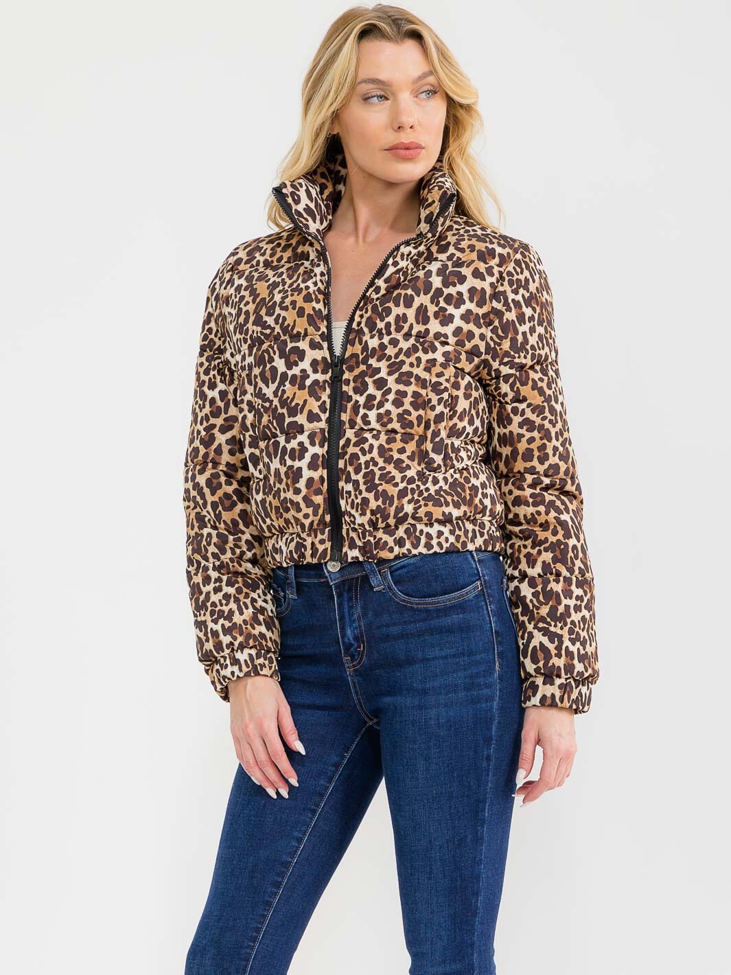 WOMEN'S LONG SLEEVE ZIPPER CLOSURE FRONT POCKETS ANIMAL PRINT PUFFER JACKET