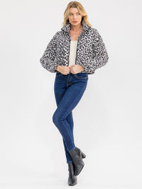 WOMEN'S LONG SLEEVE ZIPPER CLOSURE FRONT POCKETS ANIMAL PRINT PUFFER JACKET