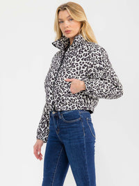 WOMEN'S LONG SLEEVE ZIPPER CLOSURE FRONT POCKETS ANIMAL PRINT PUFFER JACKET