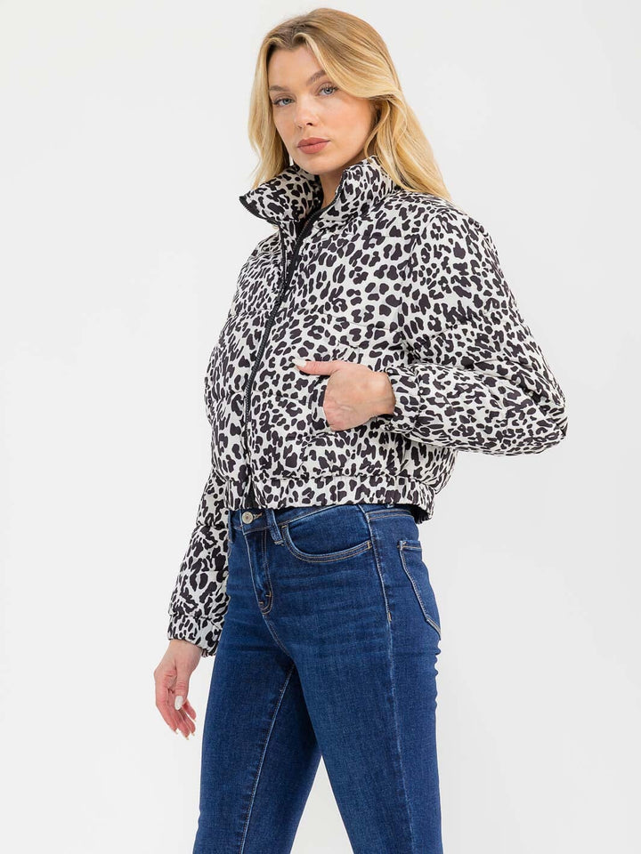 WOMEN'S LONG SLEEVE ZIPPER CLOSURE FRONT POCKETS ANIMAL PRINT PUFFER JACKET
