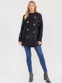 WOMEN'S LONG SLEEVE DETAILED OVERSIZED KNIT PULLOVER SWEATER