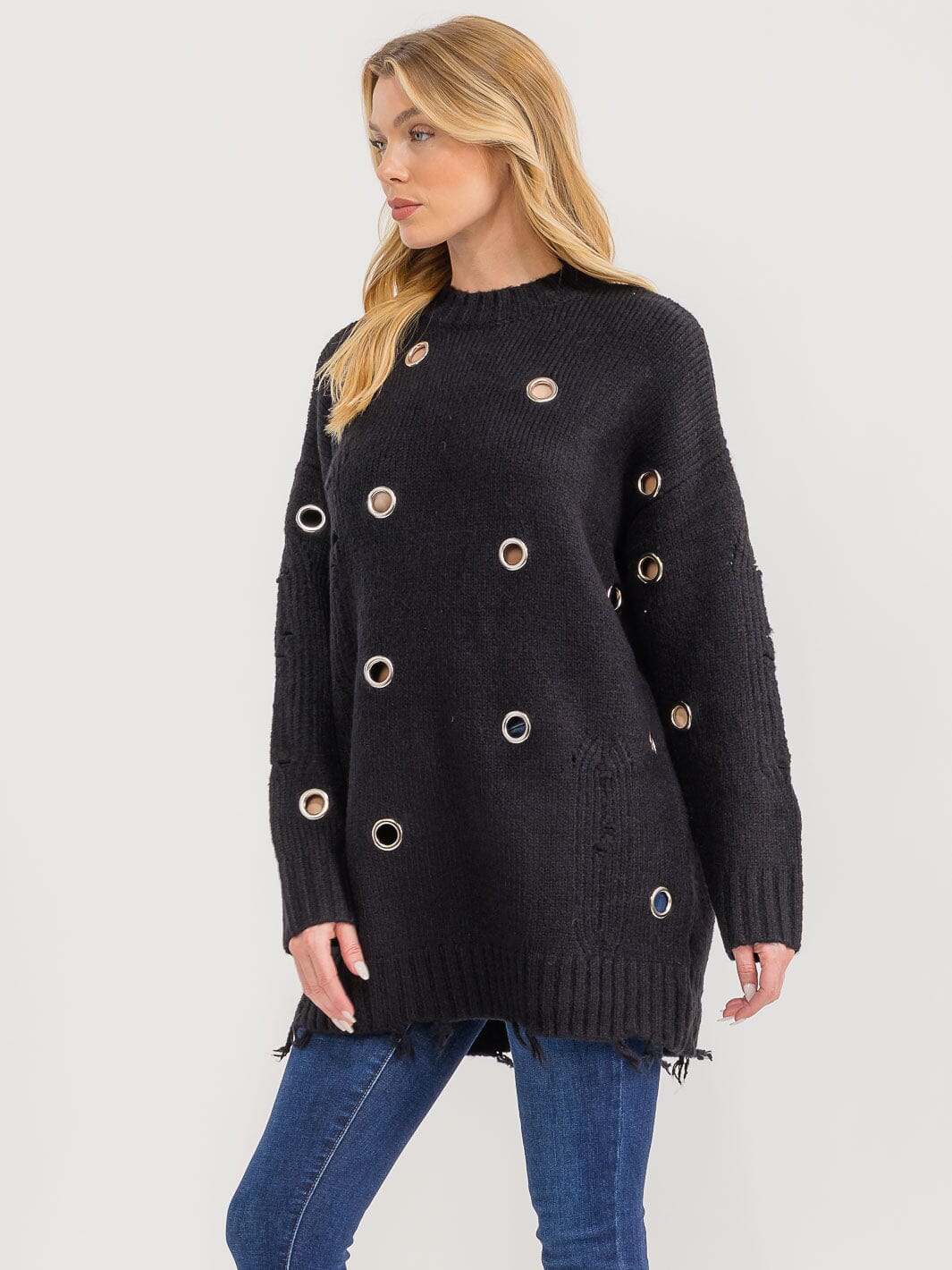 WOMEN'S LONG SLEEVE DETAILED OVERSIZED KNIT PULLOVER SWEATER