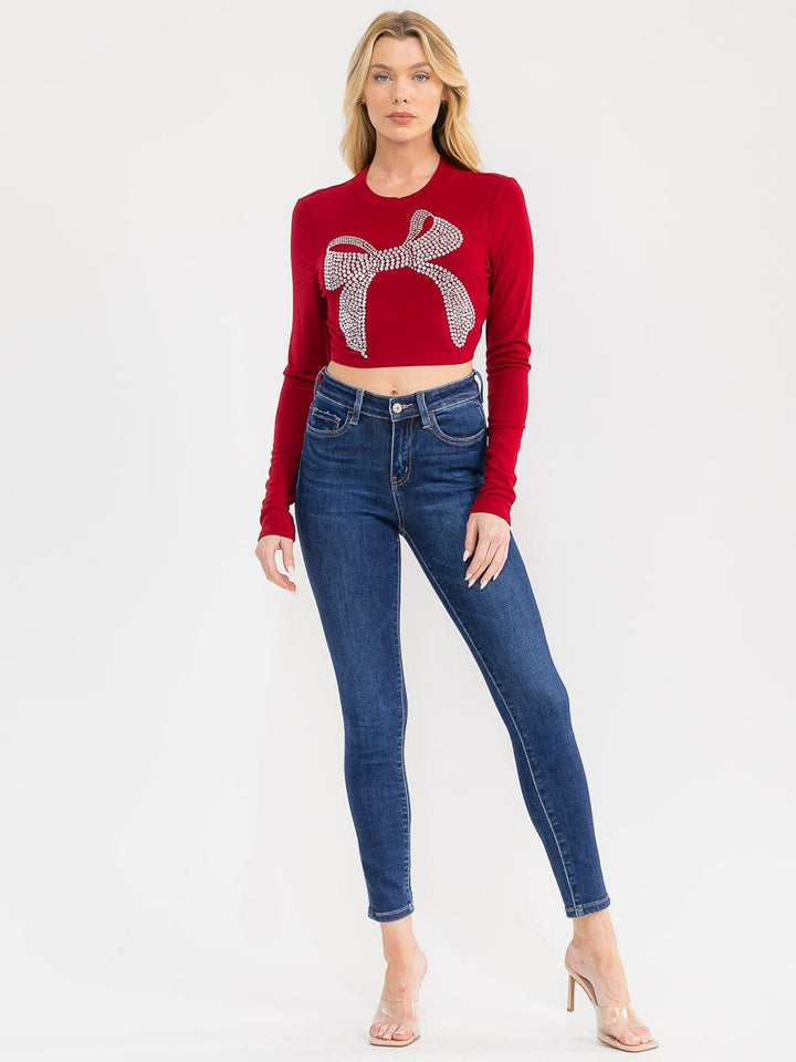 WOMEN'S LONG SLEEVE STUDS BOW CROP TOP