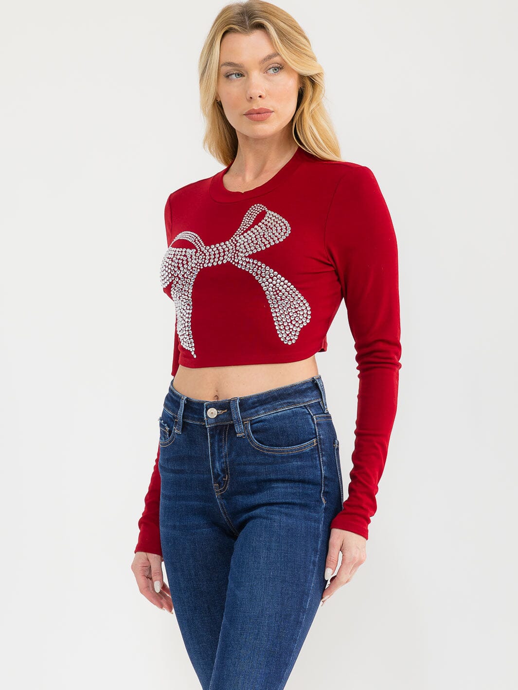 WOMEN'S LONG SLEEVE STUDS BOW CROP TOP