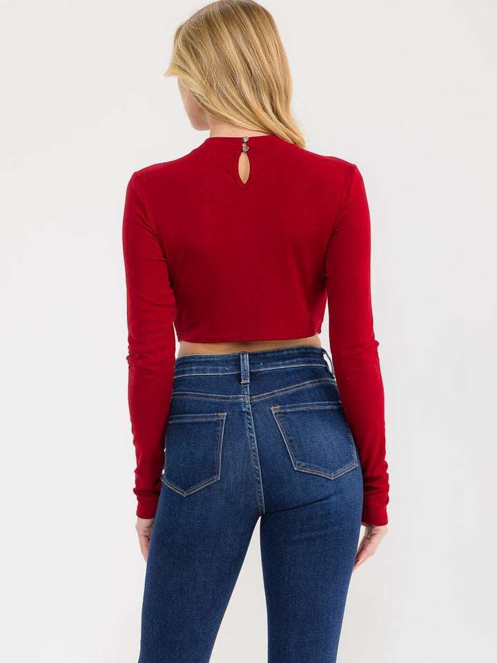 WOMEN'S LONG SLEEVE STUDS BOW CROP TOP