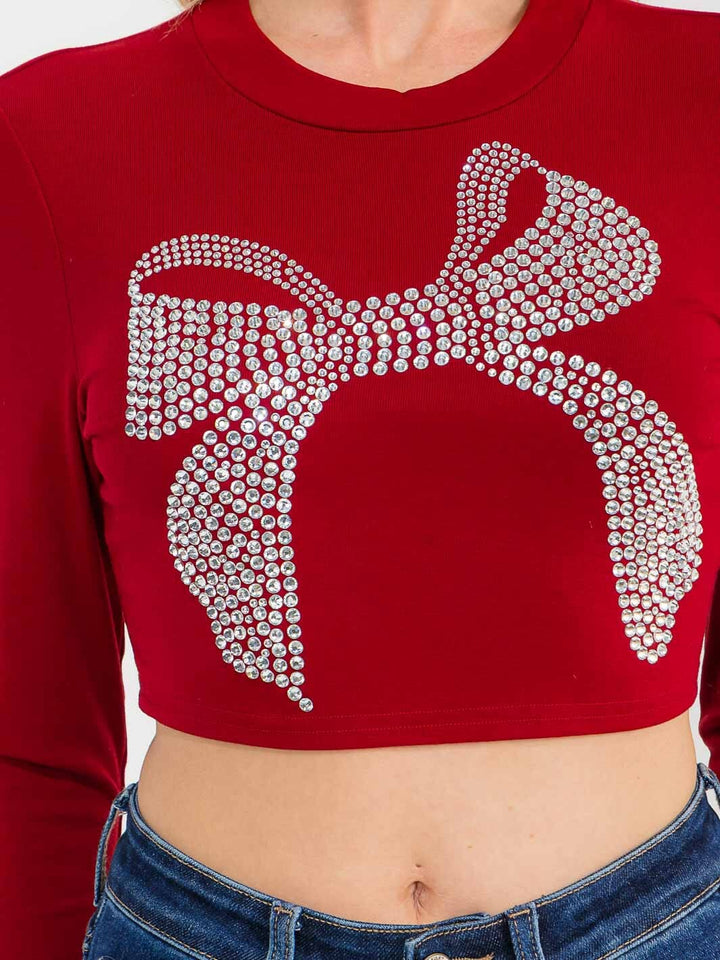 WOMEN'S LONG SLEEVE STUDS BOW CROP TOP