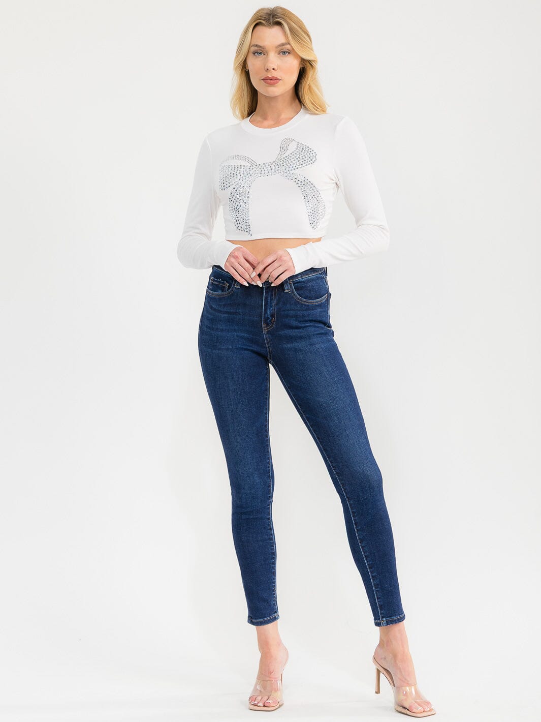 WOMEN'S LONG SLEEVE STUDS BOW CROP TOP