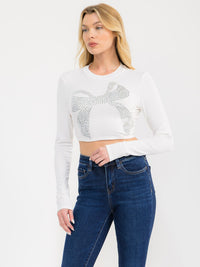 WOMEN'S LONG SLEEVE STUDS BOW CROP TOP