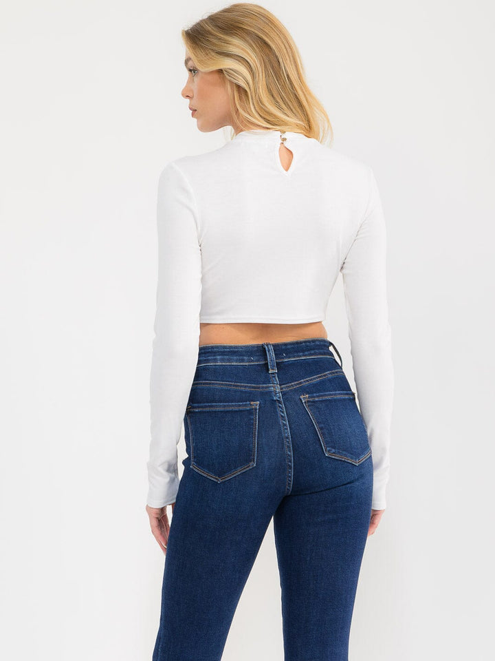 WOMEN'S LONG SLEEVE STUDS BOW CROP TOP