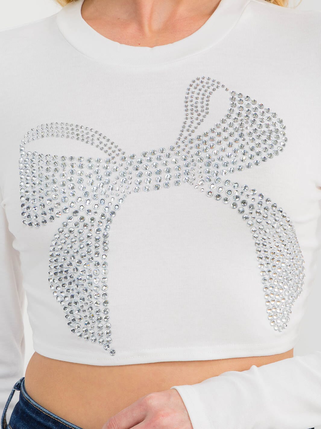 WOMEN'S LONG SLEEVE STUDS BOW CROP TOP