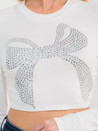 WOMEN'S LONG SLEEVE STUDS BOW CROP TOP