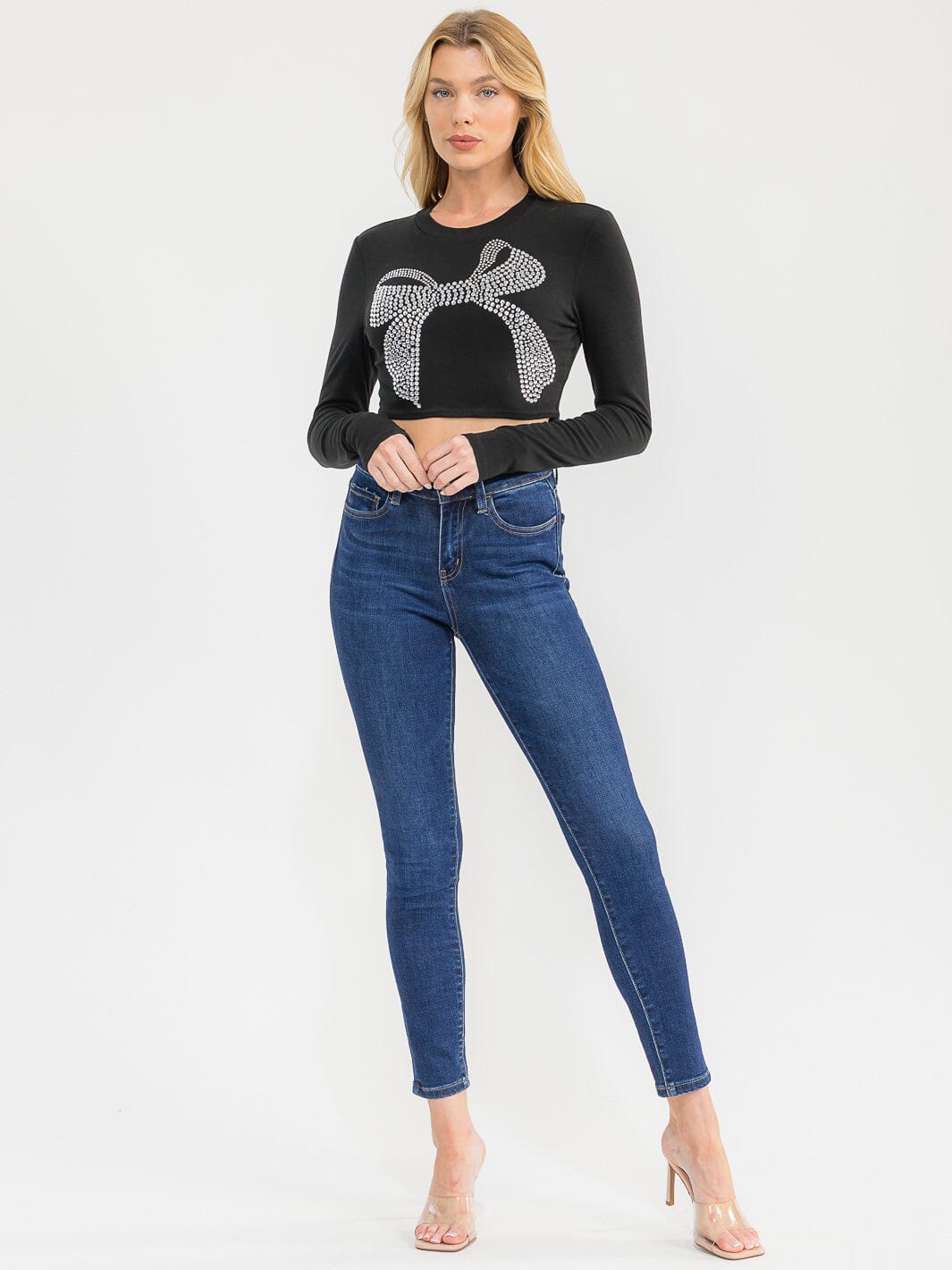 WOMEN'S LONG SLEEVE STUDS BOW CROP TOP