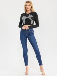 WOMEN'S LONG SLEEVE STUDS BOW CROP TOP
