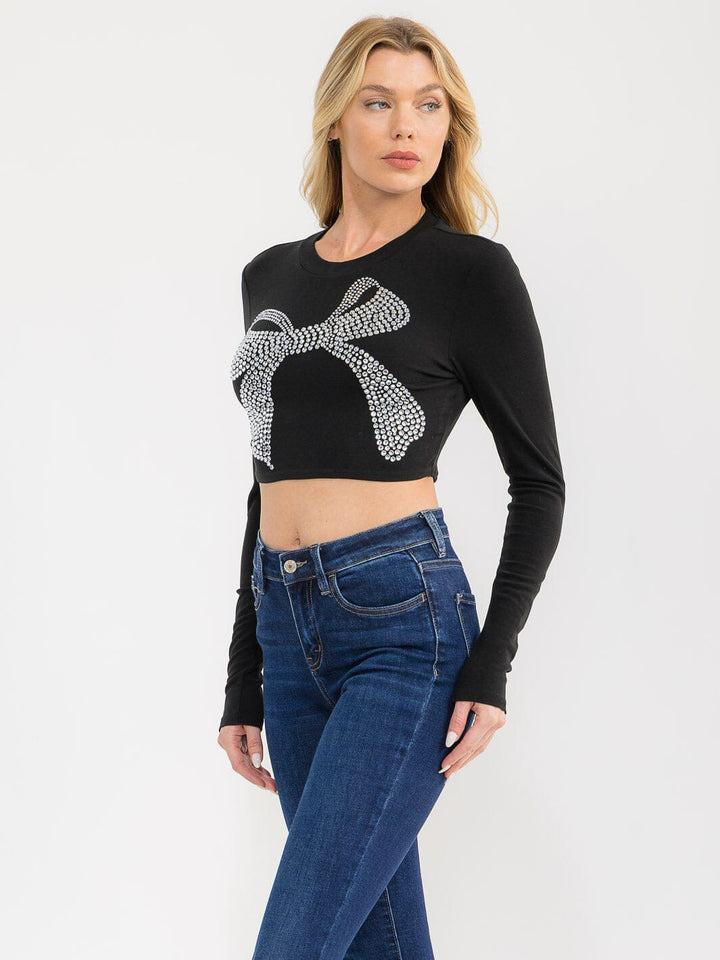 WOMEN'S LONG SLEEVE STUDS BOW CROP TOP
