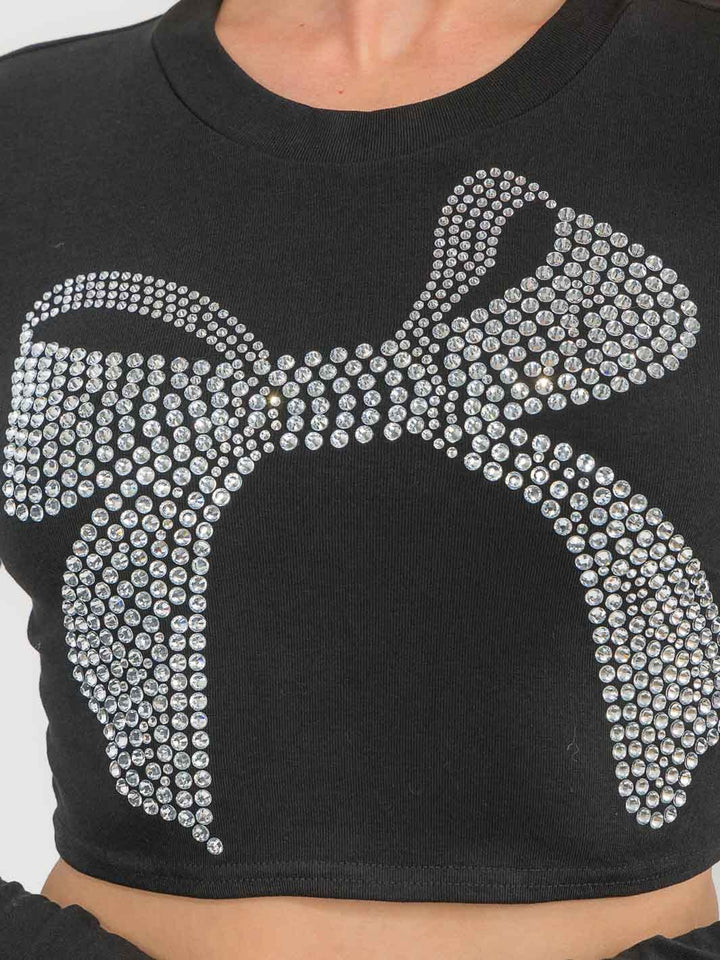 WOMEN'S LONG SLEEVE STUDS BOW CROP TOP