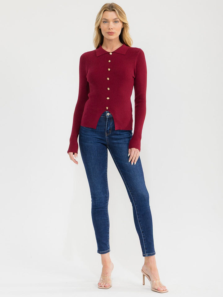 WOMEN'S LONG SLEEVE BUTTONS DETAILED RIBBED BLOUSE