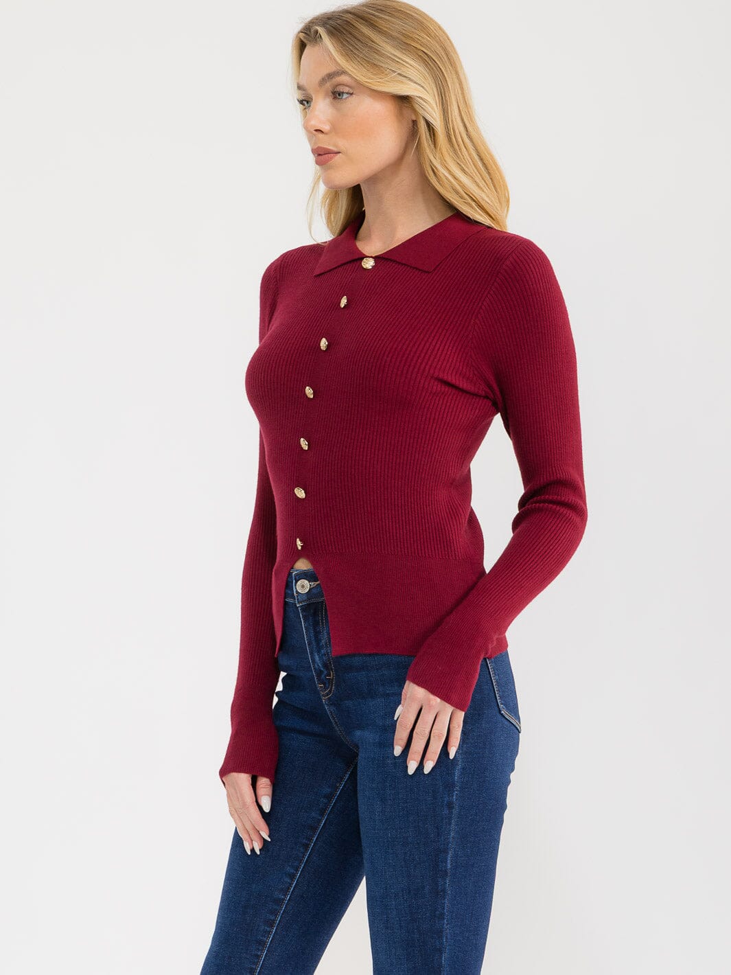 WOMEN'S LONG SLEEVE BUTTONS DETAILED RIBBED BLOUSE