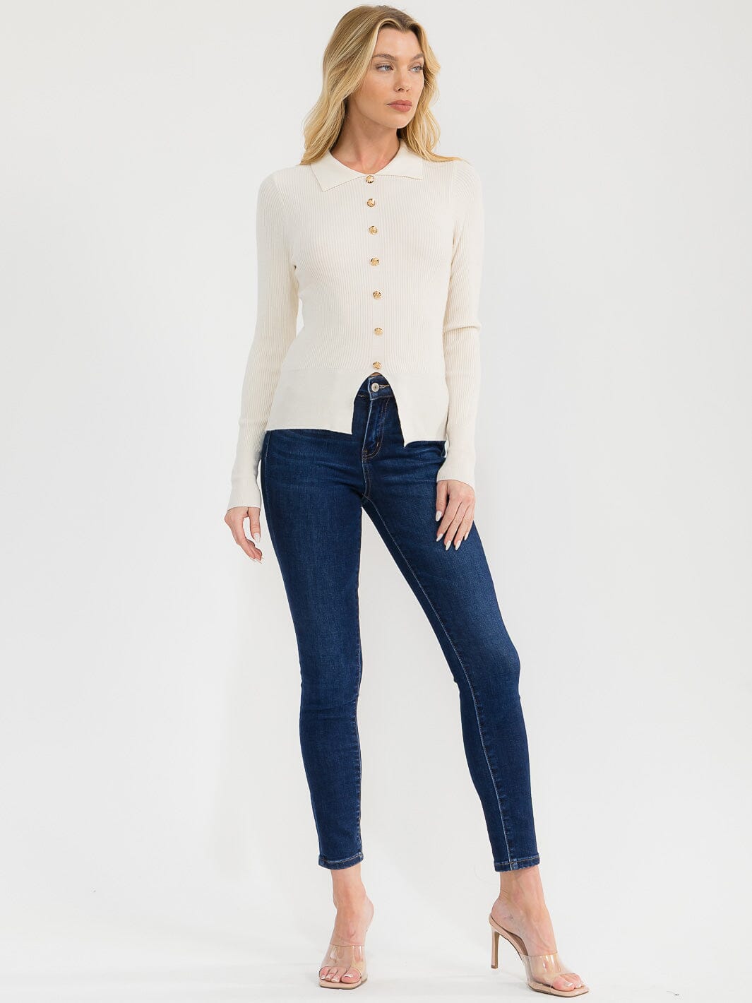 WOMEN'S LONG SLEEVE BUTTONS DETAILED RIBBED BLOUSE