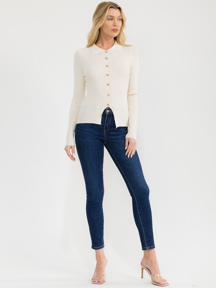 WOMEN'S LONG SLEEVE BUTTONS DETAILED RIBBED BLOUSE