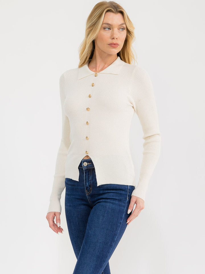 WOMEN'S LONG SLEEVE BUTTONS DETAILED RIBBED BLOUSE